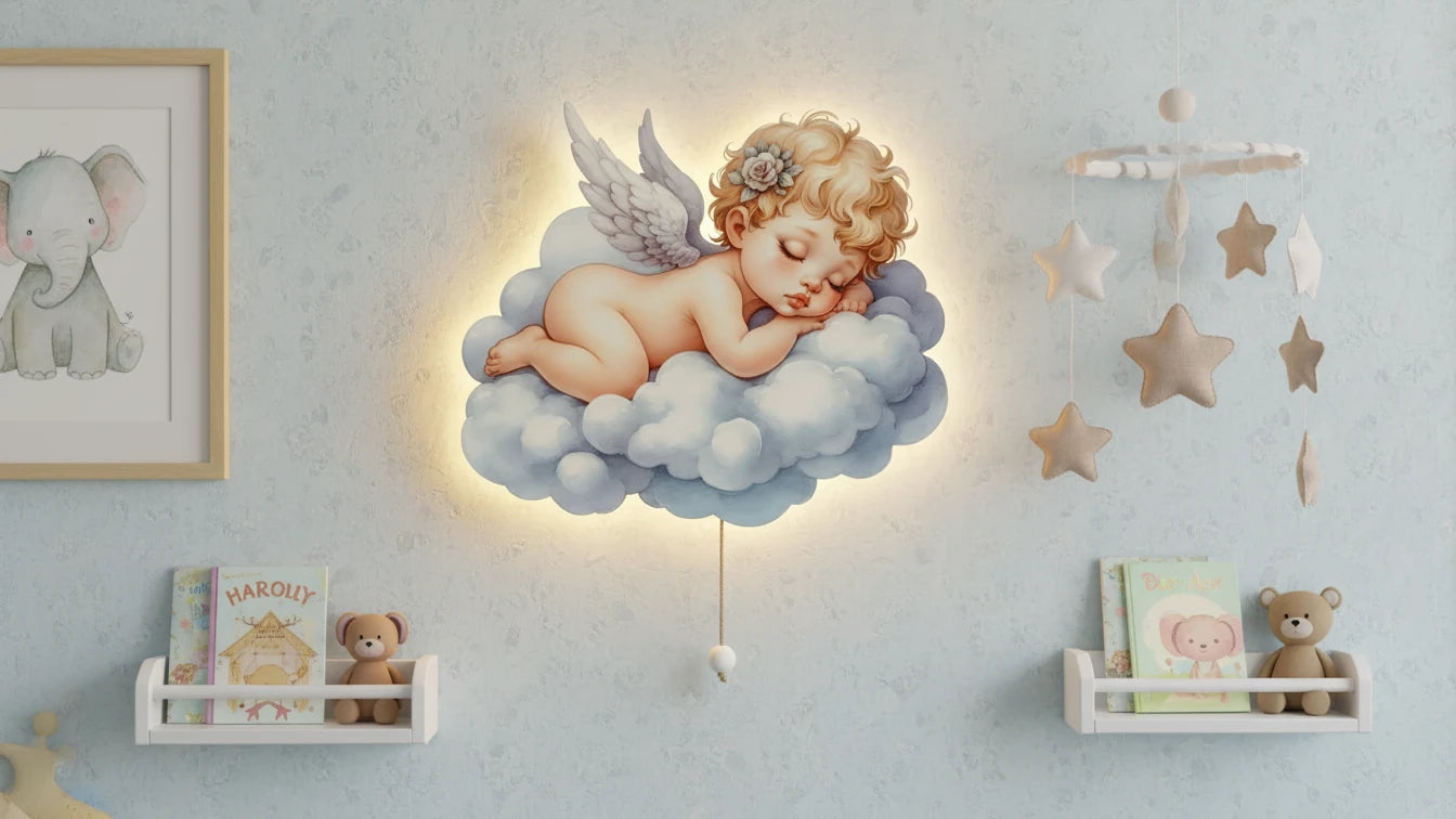Bebek Melek Pilli Led Işıklı Ahşap Duvar Dekoru