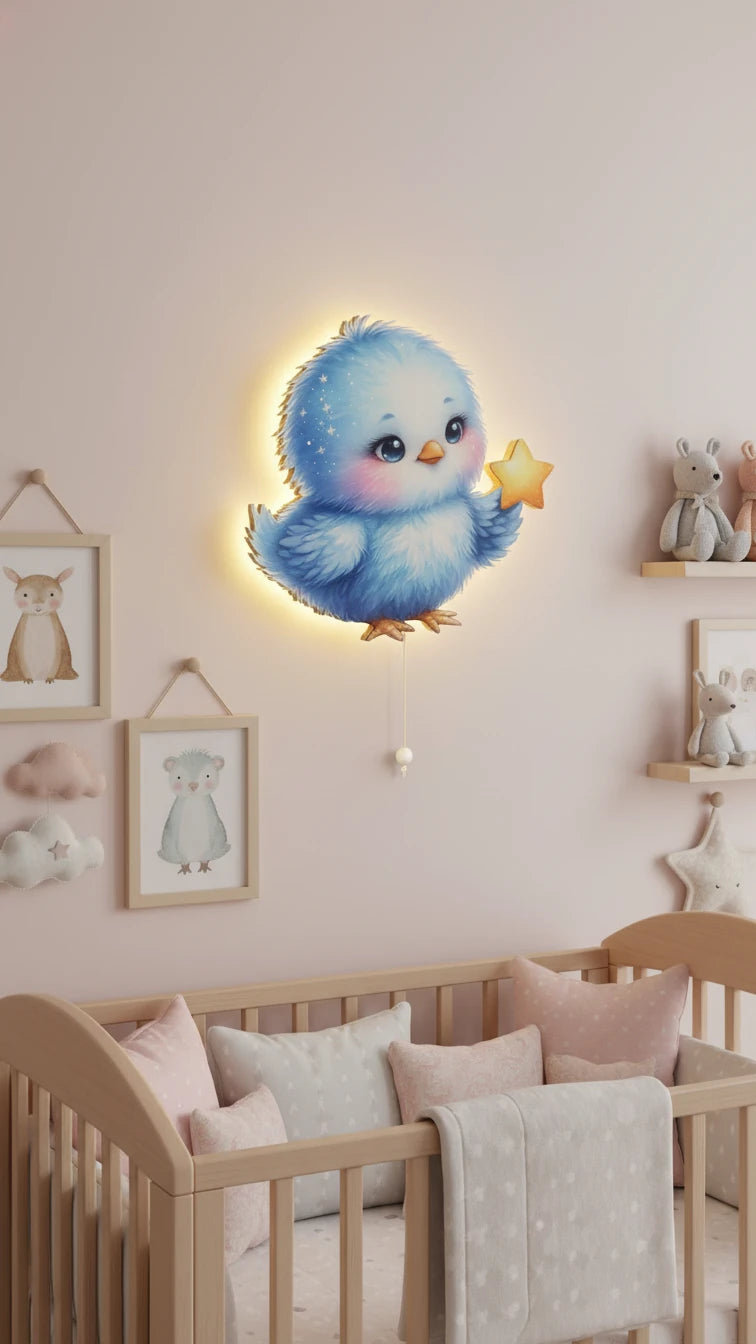 Kuş Pilli Led Işıklı Bebek Odası Ahşap Duvar Dekoru - Gece Lambası