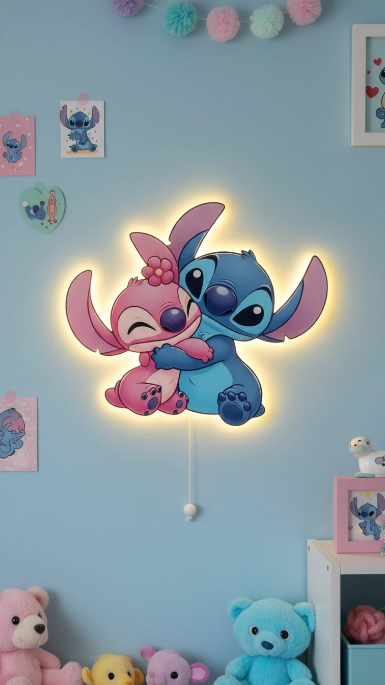 Lilo ve Stitch Pilli Led Işıklı Bebek Odası Ahşap Duvar Dekoru - Gece Lambası