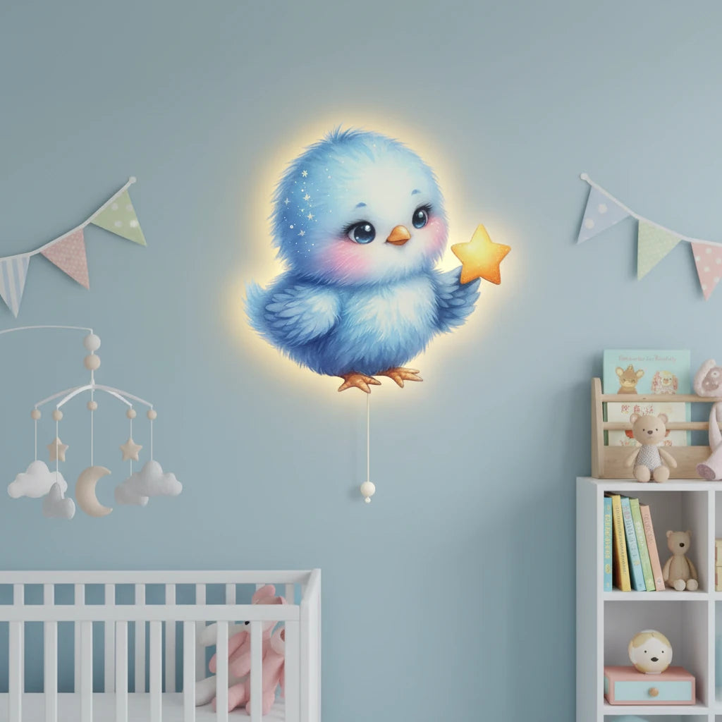 Kuş Pilli Led Işıklı Bebek Odası Ahşap Duvar Dekoru - Gece Lambası